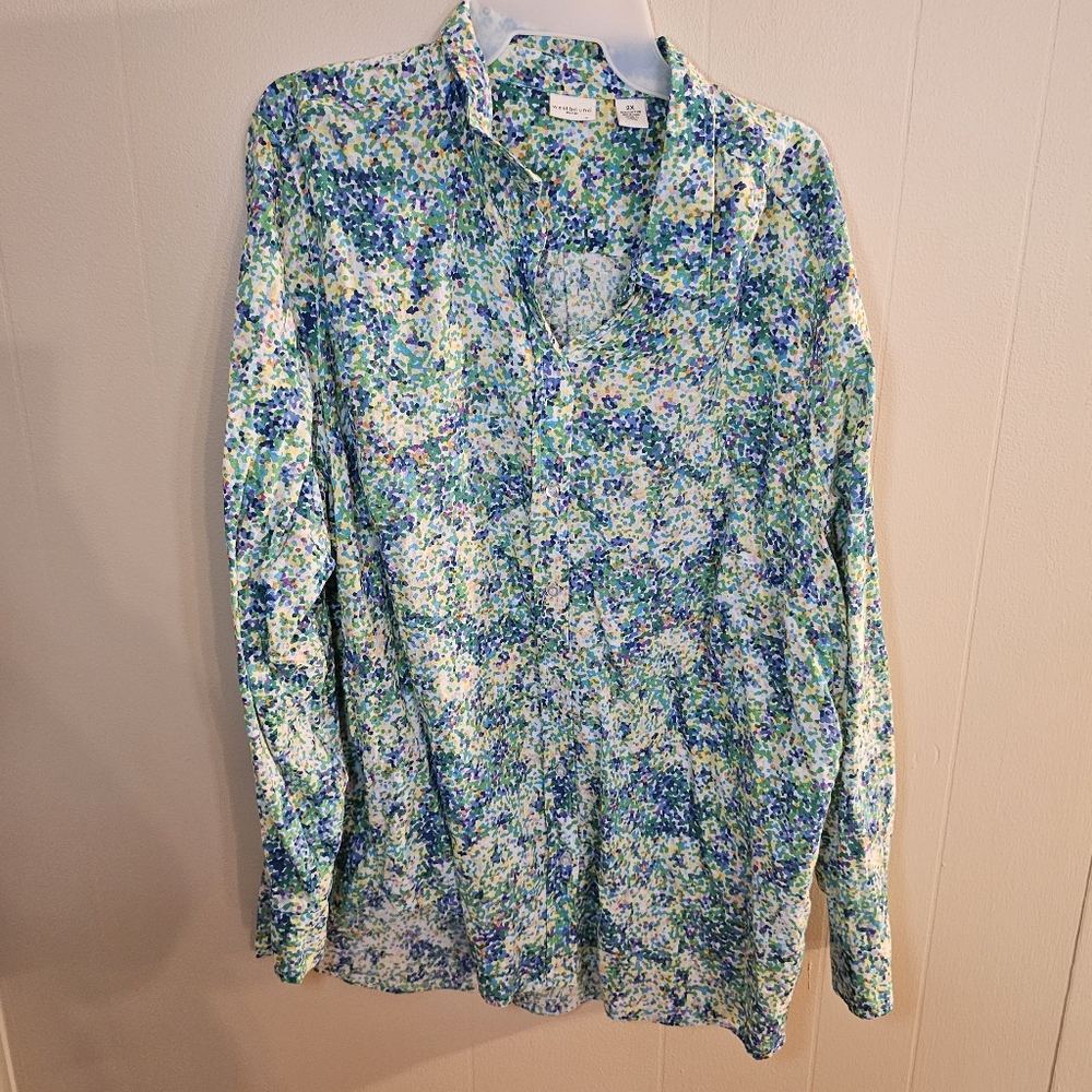 Westbound 2X Pastel Dot Floral Button Down Blouse